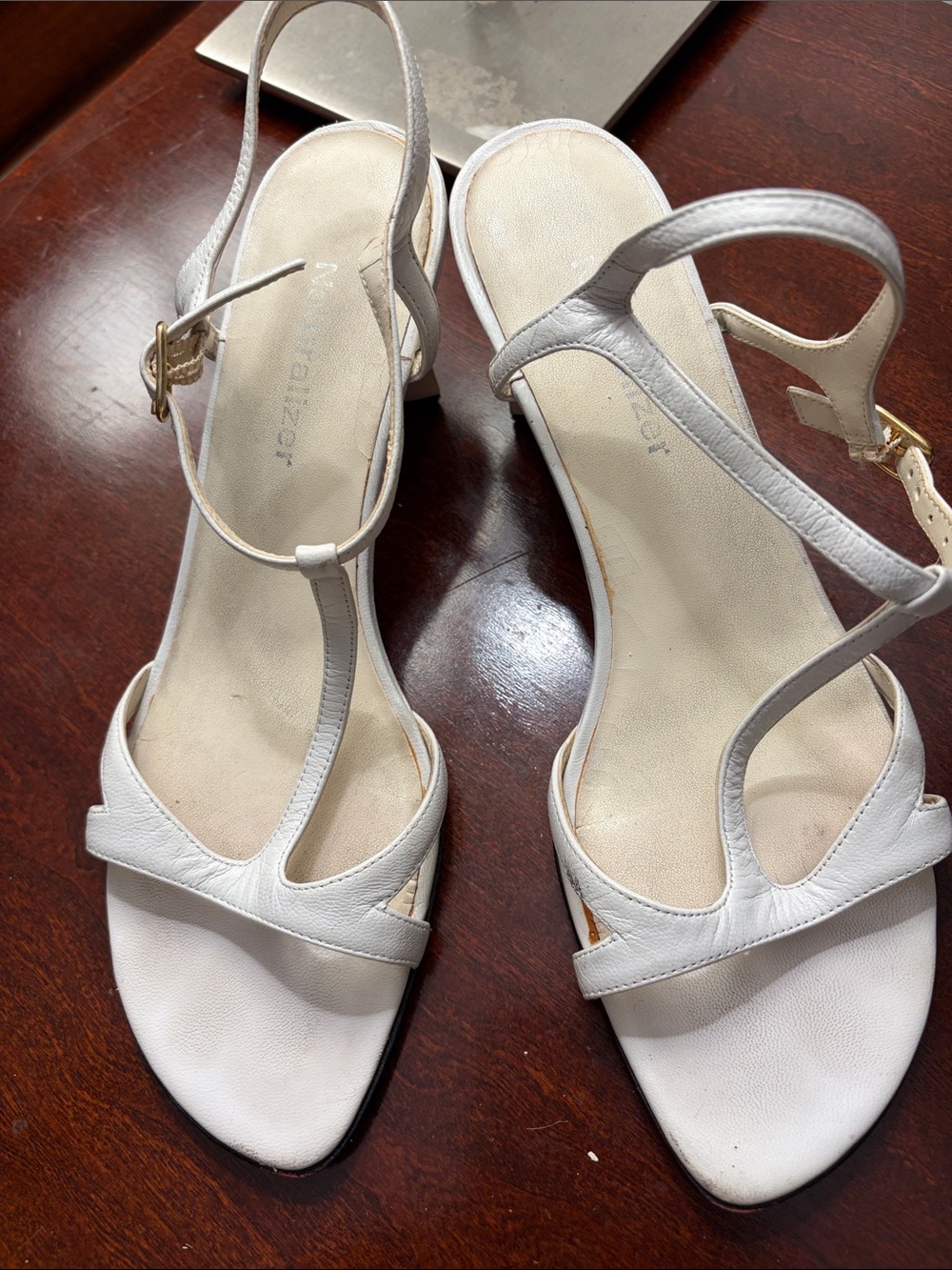 Naturalizer White T-Strap Leather Heeled Sandals